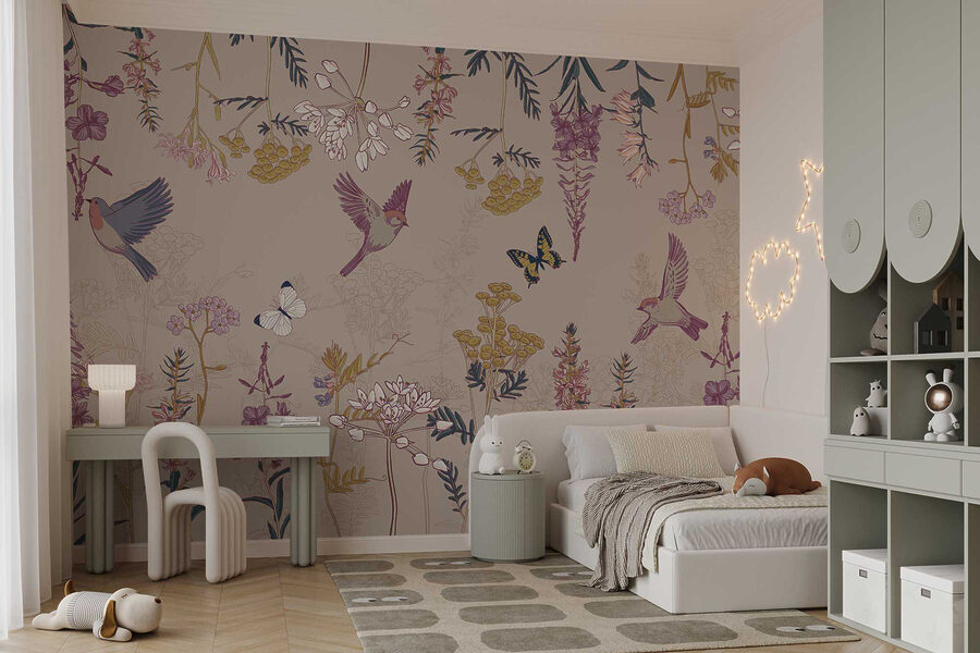 Papier peint avec des oiseaux et des fleurs