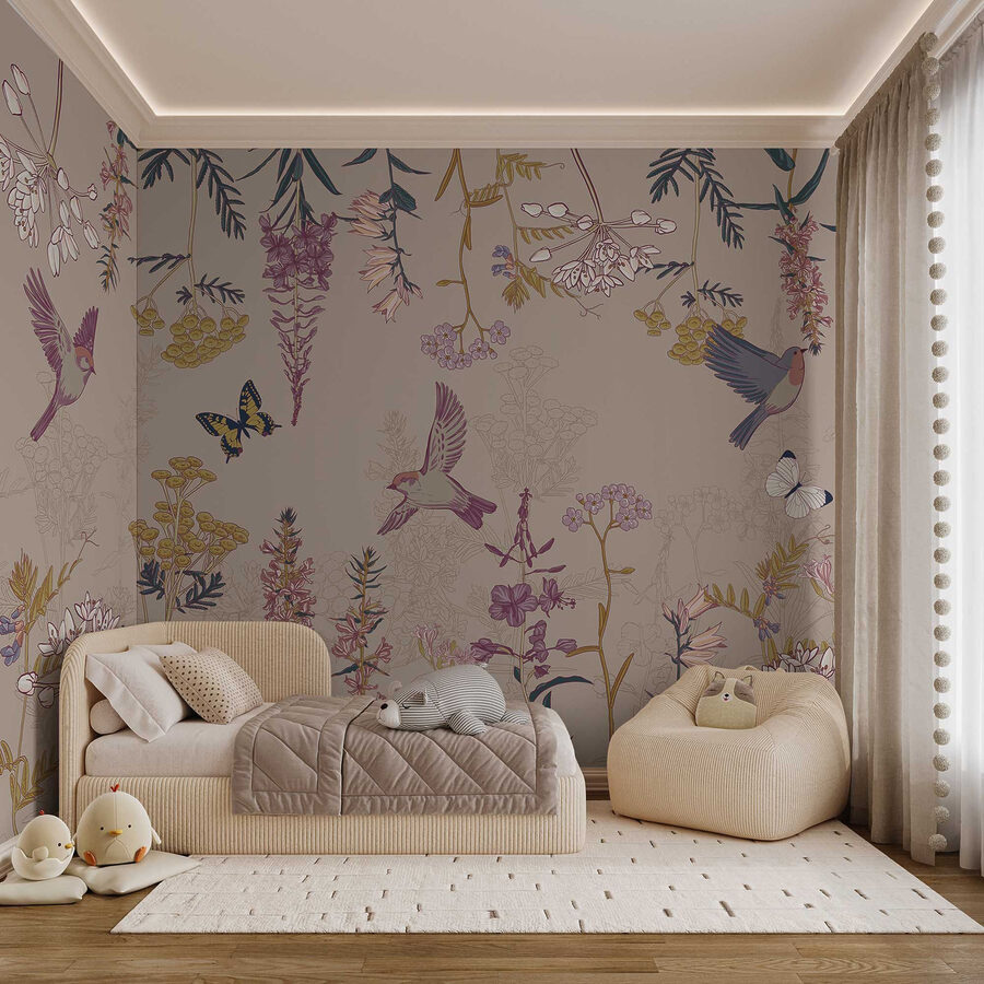 Papier peint avec des oiseaux et des fleurs