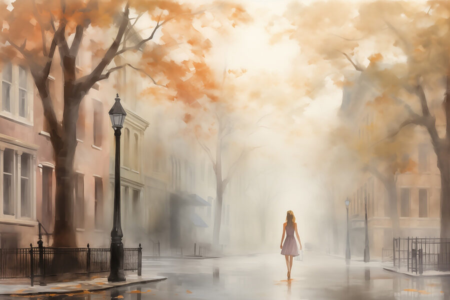 Femme marchant dans une rue dans le brouillard