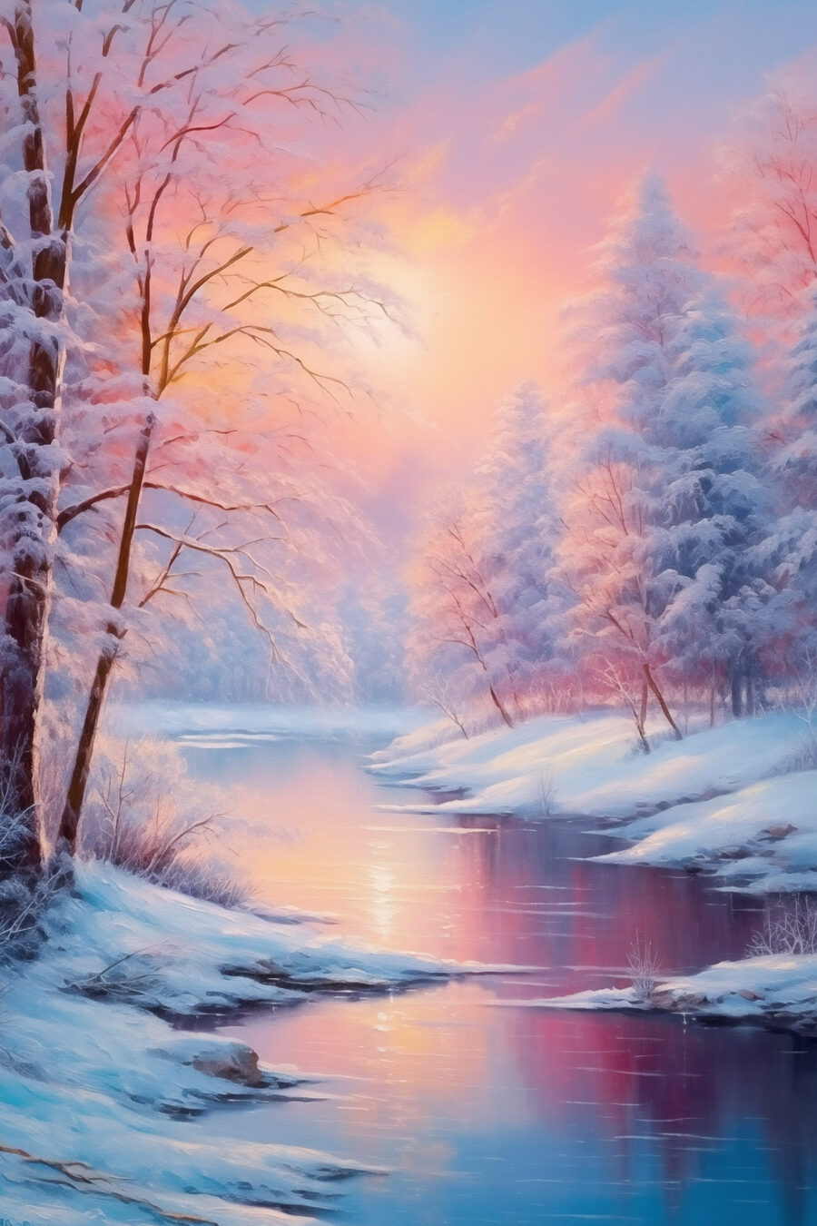 Rivière avec des arbres couverts de neige et un coucher de soleil rose