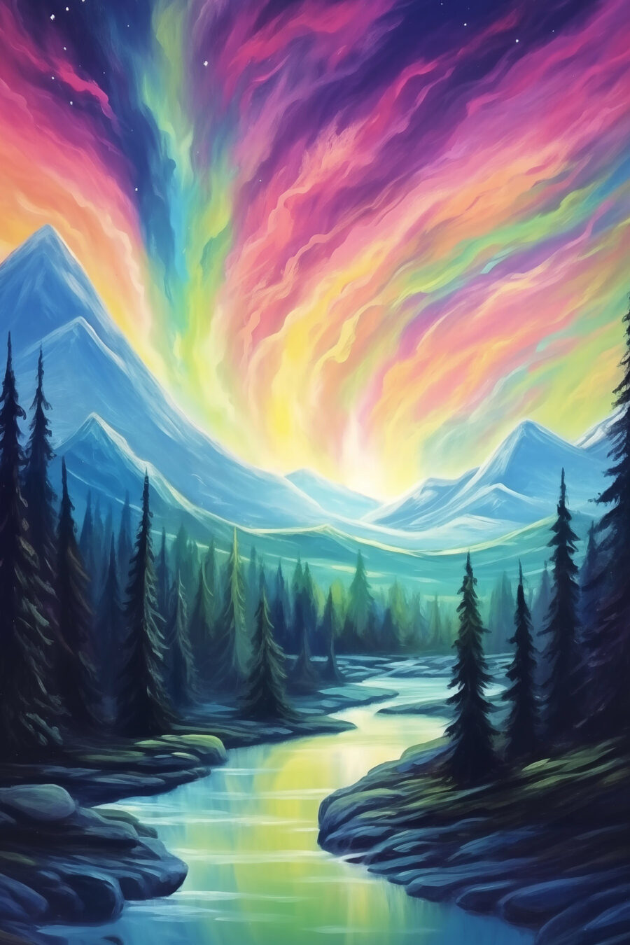 Peinture d'une rivière et de montagnes avec des arbres Peinture d'une rivière et de montagnes avec des arbres