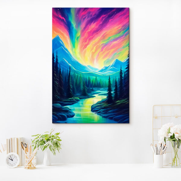 Peinture d'une rivière et de montagnes avec des arbres Peinture d'une rivière et de montagnes avec des arbres