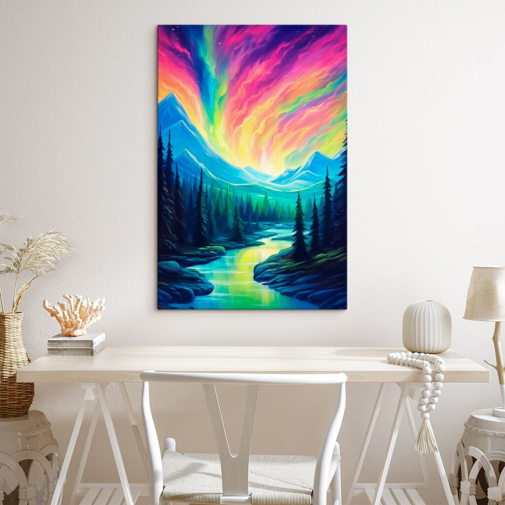 Painting of a river and mountains with trees