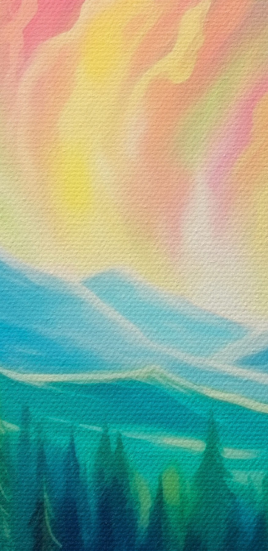 Peinture d'une rivière et de montagnes avec des arbres Peinture d'une rivière et de montagnes avec des arbres