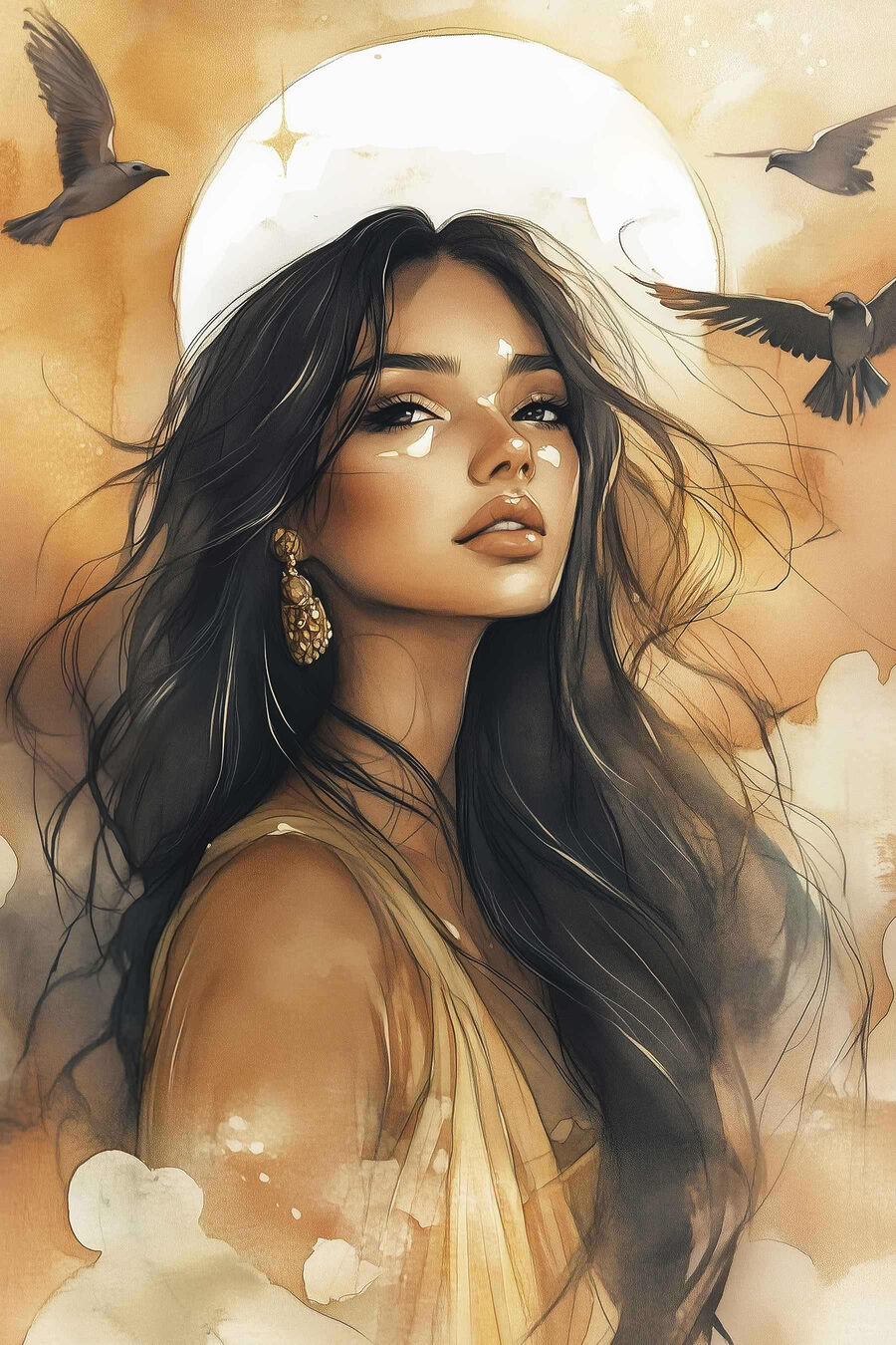 Femme aux cheveux longs et oiseau volant dans le ciel