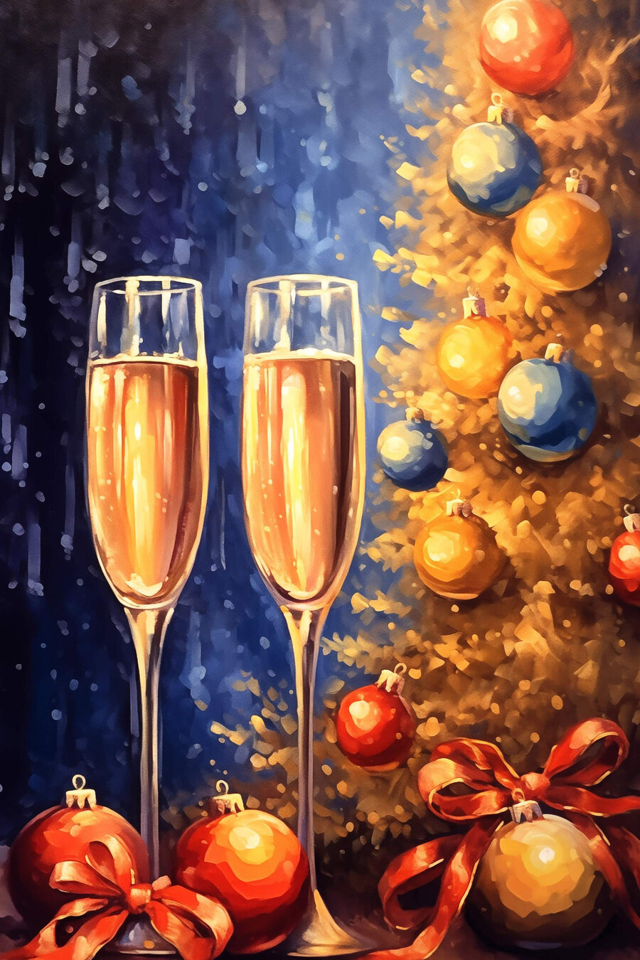 Peinture de deux coupes de champagne à côté d'un arbre de Noël