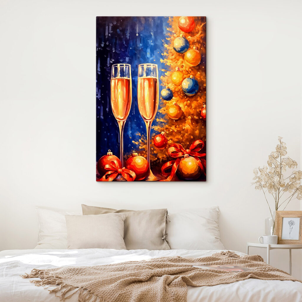 Painting of two champagne glasses next to a christmas tree Painting of two champagne glasses next to a christmas tree