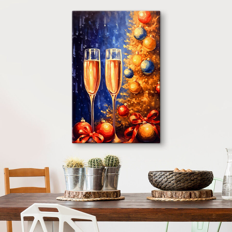 Peinture de deux coupes de champagne à côté d'un arbre de Noël