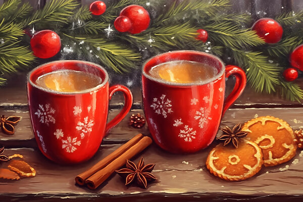 Peinture de deux tasses rouges avec des motifs blancs et des bâtons de cannelle et des étoiles d'anis Peinture de deux tasses rouges avec des motifs blancs et des bâtons de cannelle et des étoiles d'anis