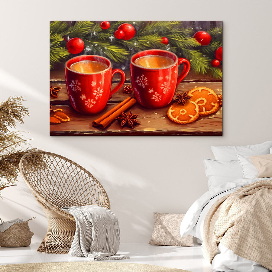 Peinture de deux tasses rouges avec des motifs blancs et des bâtons de cannelle et des étoiles d'anis Peinture de deux tasses rouges avec des motifs blancs et des bâtons de cannelle et des étoiles d'anis