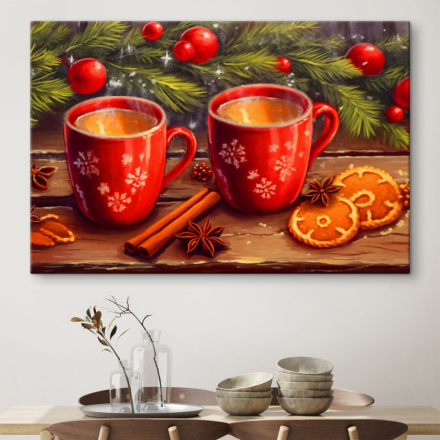 Peinture de deux tasses rouges avec des motifs blancs et des bâtons de cannelle et des étoiles d'anis Peinture de deux tasses rouges avec des motifs blancs et des bâtons de cannelle et des étoiles d'anis