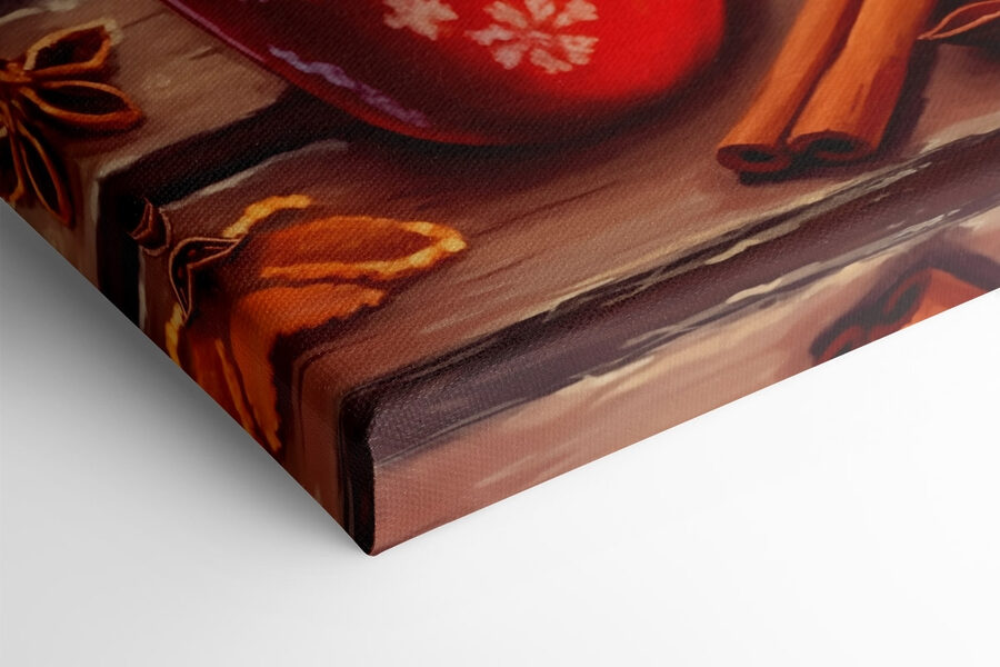Peinture de deux tasses rouges avec des motifs blancs et des bâtons de cannelle et des étoiles d'anis Peinture de deux tasses rouges avec des motifs blancs et des bâtons de cannelle et des étoiles d'anis