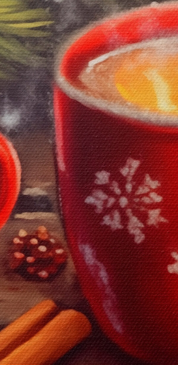 Peinture de deux tasses rouges avec des motifs blancs et des bâtons de cannelle et des étoiles d'anis Peinture de deux tasses rouges avec des motifs blancs et des bâtons de cannelle et des étoiles d'anis