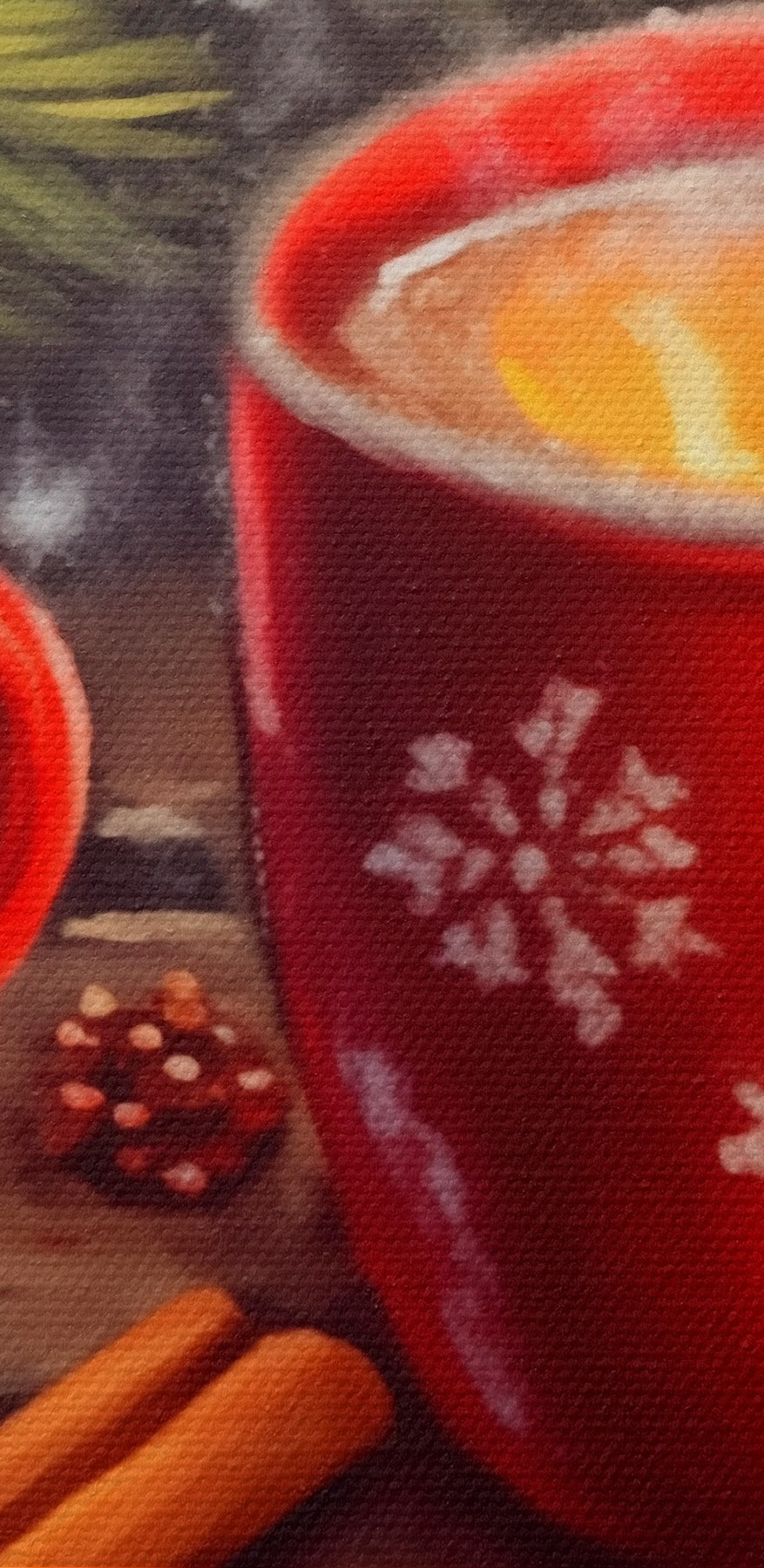Peinture de deux tasses rouges avec des motifs blancs et des bâtons de cannelle et des étoiles d'anis Peinture de deux tasses rouges avec des motifs blancs et des bâtons de cannelle et des étoiles d'anis