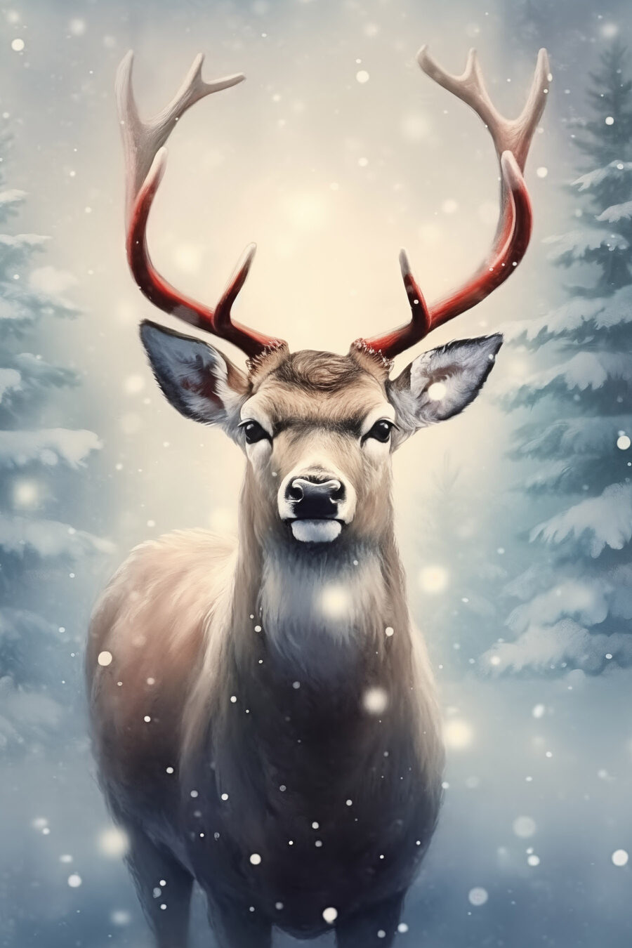 Cerf avec des bois dans une forêt enneigée Cerf avec des bois dans une forêt enneigée