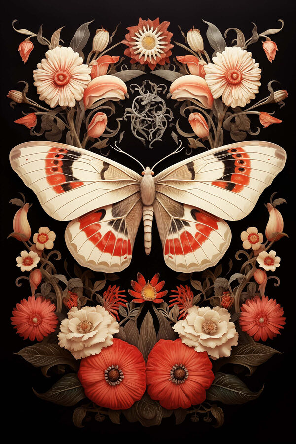 Papillon et fleurs sur fond noir Papillon et fleurs sur fond noir
