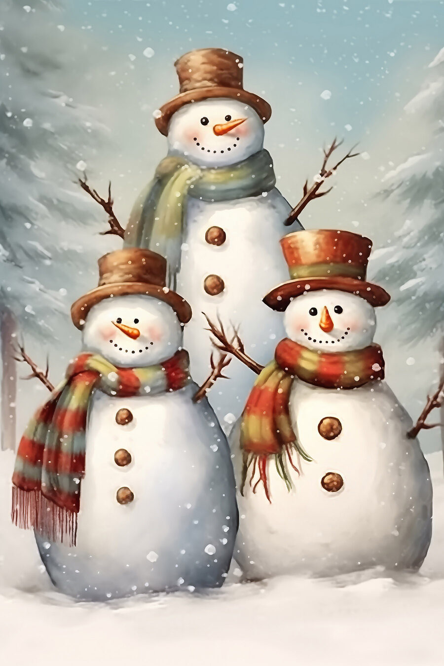 Groupe de bonhommes de neige dans un paysage enneigé