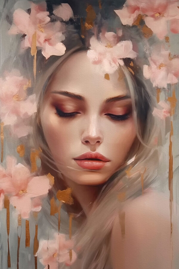 Peinture d'une femme avec des fleurs dans les cheveux Peinture d'une femme avec des fleurs dans les cheveux
