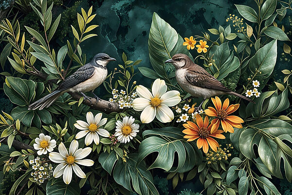 Oiseaux sur une branche avec des fleurs Oiseaux sur une branche avec des fleurs
