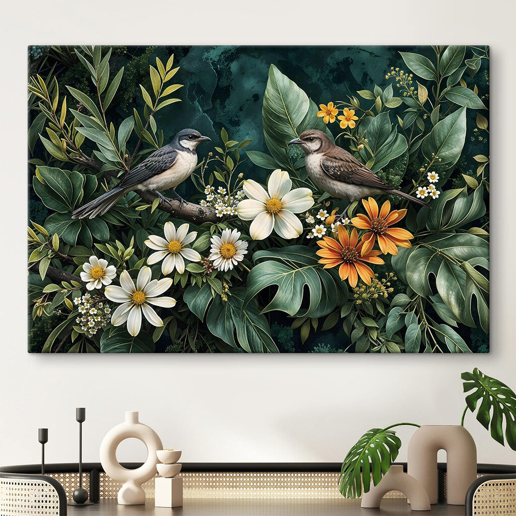 Birds on a branch with flowers