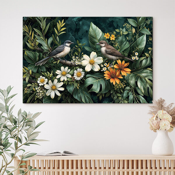 Oiseaux sur une branche avec des fleurs Oiseaux sur une branche avec des fleurs