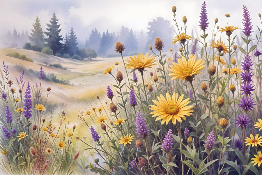 Champ de fleurs et d'herbe