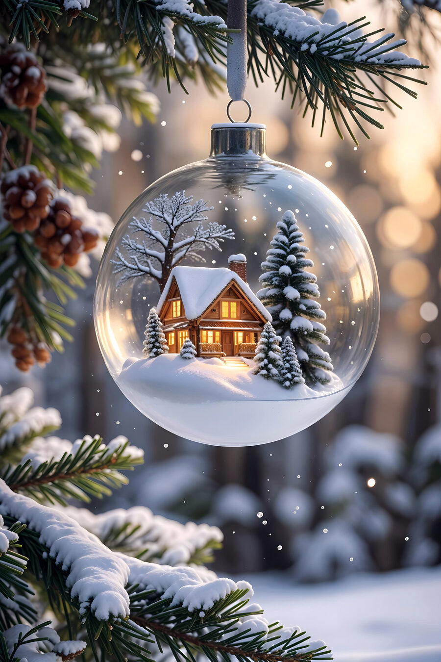 Boule de verre avec une maison et des arbres à l'intérieur