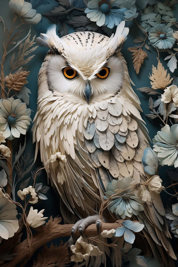Hibou blanc aux yeux jaunes sur fond bleu avec des fleurs Hibou blanc aux yeux jaunes sur fond bleu avec des fleurs