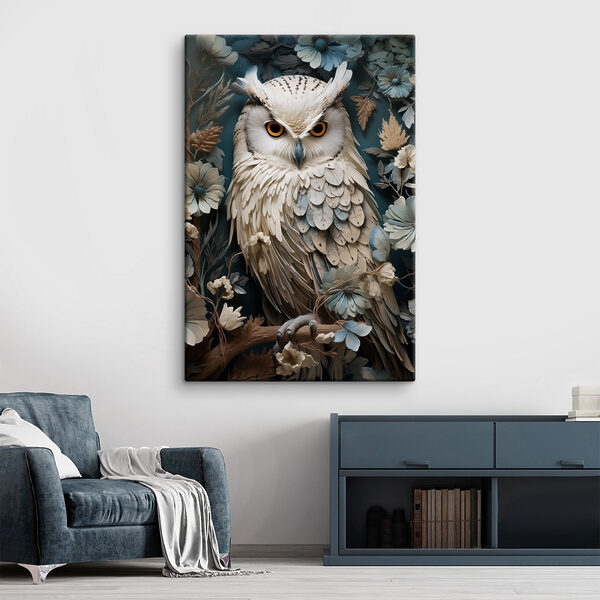 Hibou blanc aux yeux jaunes sur fond bleu avec des fleurs Hibou blanc aux yeux jaunes sur fond bleu avec des fleurs