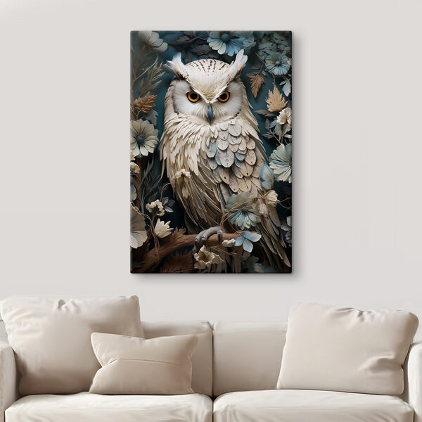 Hibou blanc aux yeux jaunes sur fond bleu avec des fleurs Hibou blanc aux yeux jaunes sur fond bleu avec des fleurs