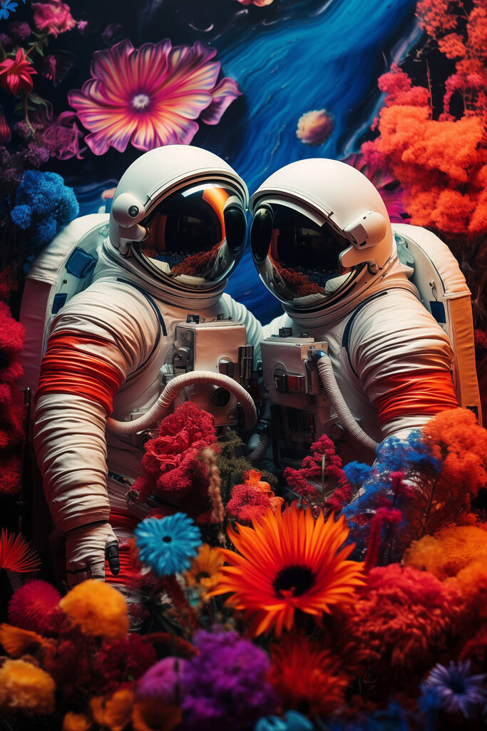 Two astronauts in space suits and flowers
