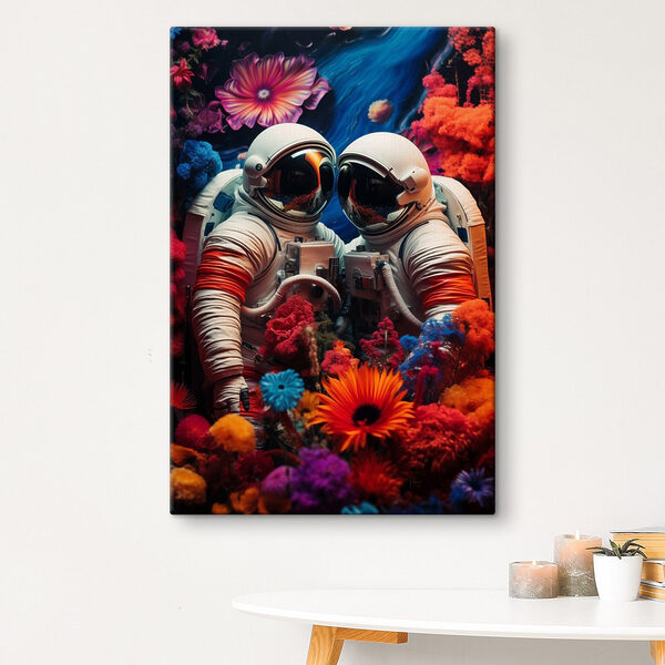 Deux astronautes en combinaison spatiale et des fleurs Deux astronautes en combinaison spatiale et des fleurs