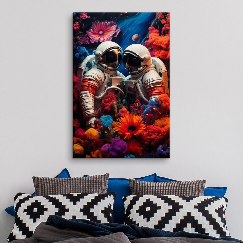 Two astronauts in space suits and flowers