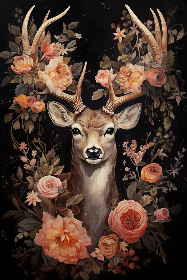 Peinture d'un cerf entouré de fleurs Peinture d'un cerf entouré de fleurs