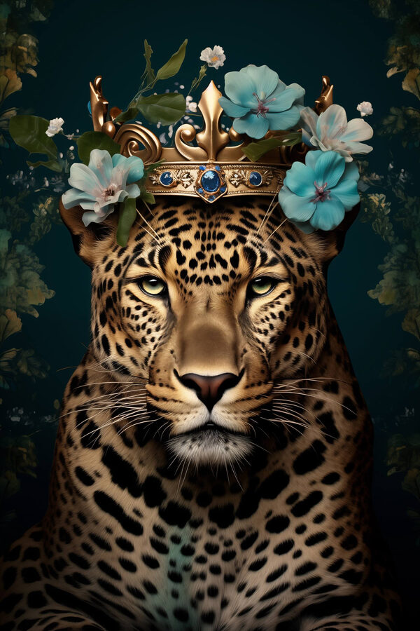 Léopard avec une couronne et des fleurs Léopard avec une couronne et des fleurs