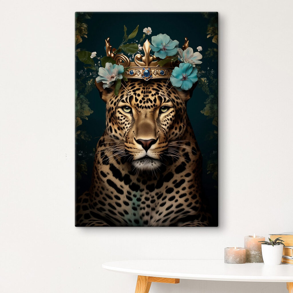 Leopard with a crown and flowers