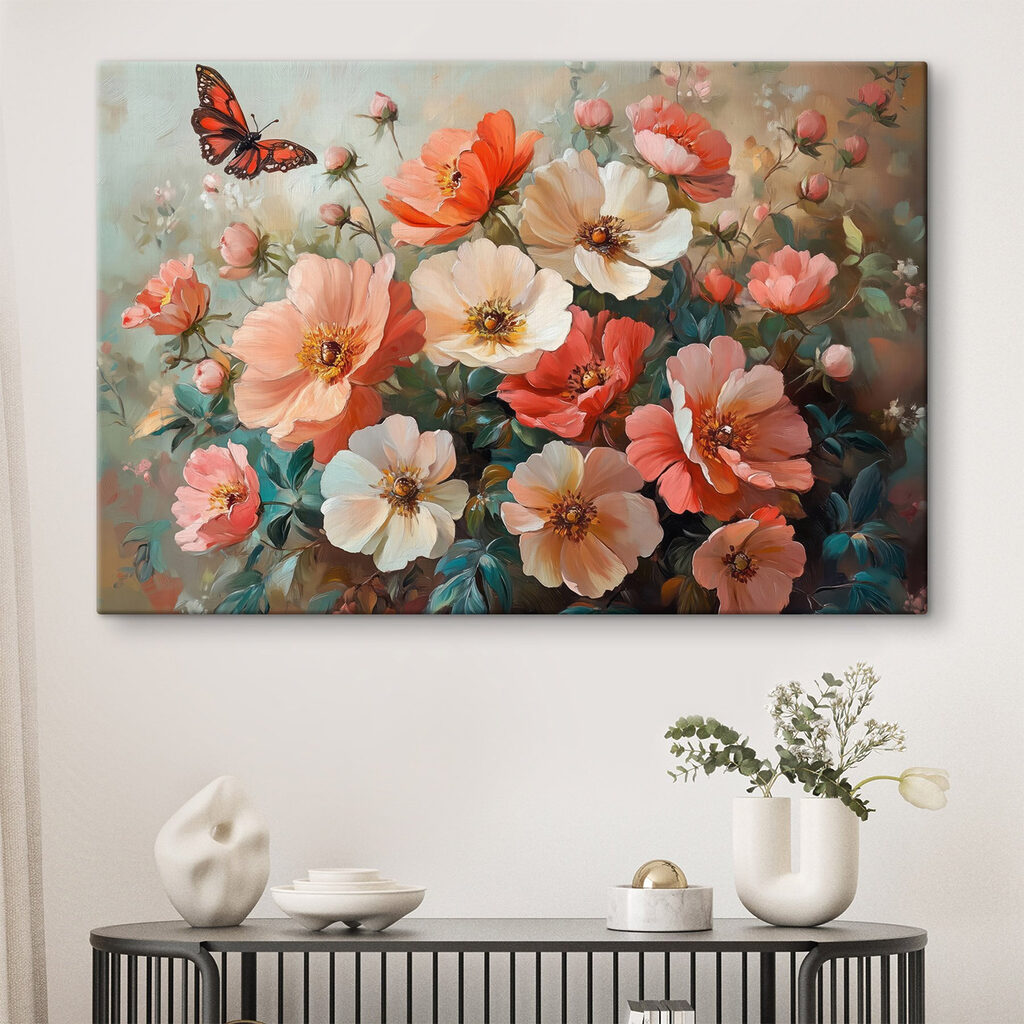 Butterfly flying over a bouquet of flowers