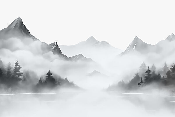 Paysage de montagne brumeux avec arbres et montagnes Paysage de montagne brumeux avec arbres et montagnes
