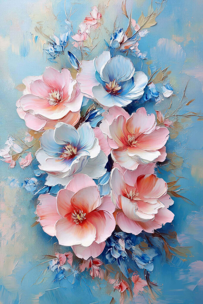 Painting of flowers on a blue surface