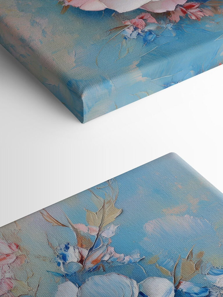 Painting of flowers on a blue surface