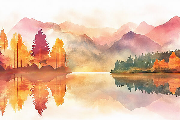 Aquarelle d'un lac avec des arbres et des montagnes en arrière-plan Aquarelle d'un lac avec des arbres et des montagnes en arrière-plan