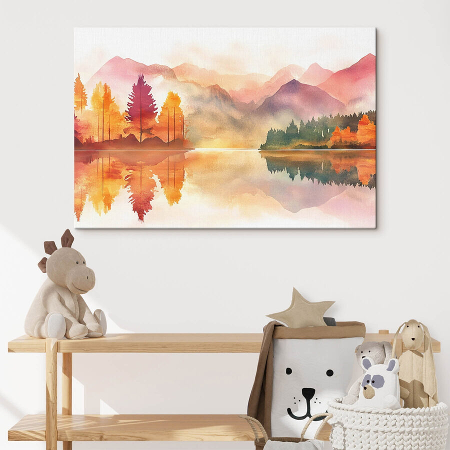 Aquarelle d'un lac avec des arbres et des montagnes en arrière-plan Aquarelle d'un lac avec des arbres et des montagnes en arrière-plan