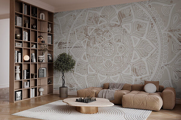 Papier peint Papier peint Mandala blanc sur une surface brune (UGS : w02693)