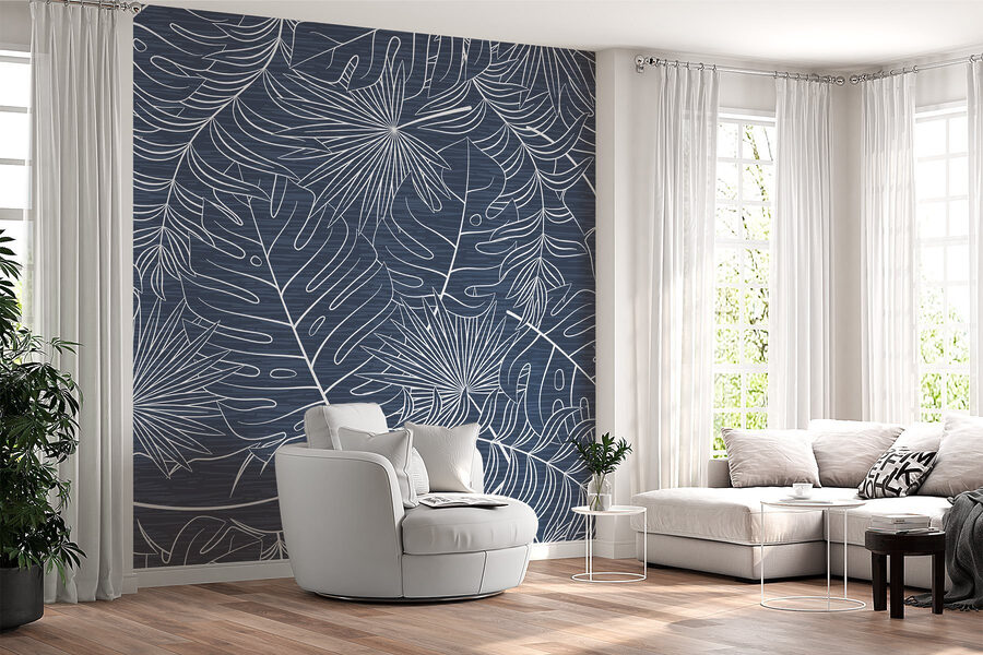 Motif de feuilles sur fond bleu