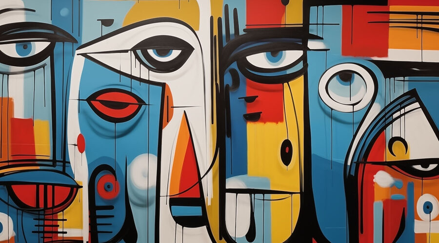 Papier peint Pièce d'art colorée avec différents visages – Image 4