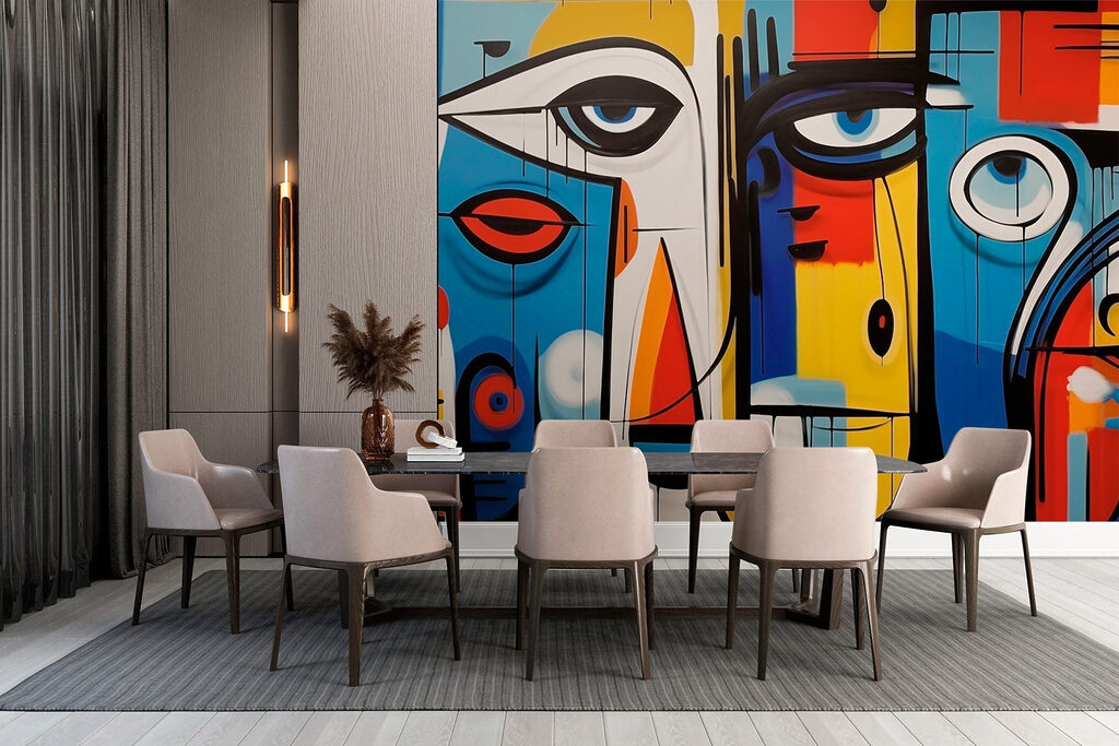 Colorful art piece with different faces Colorful art piece with different faces