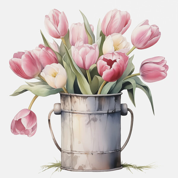 Peinture de tulipes roses dans un seau en métal Peinture de tulipes roses dans un seau en métal