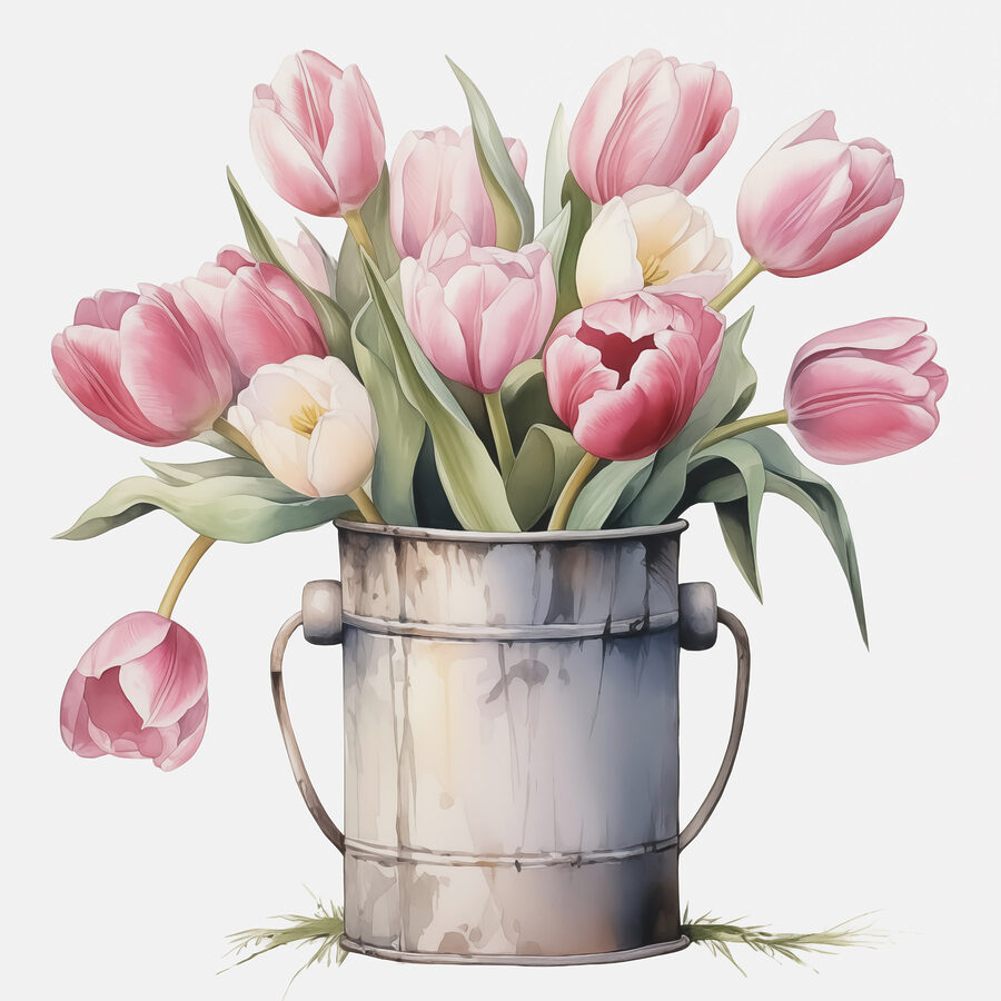 Peinture de tulipes roses dans un seau en métal