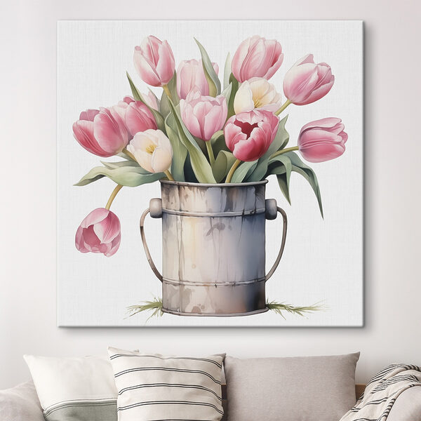Peinture de tulipes roses dans un seau en métal Peinture de tulipes roses dans un seau en métal