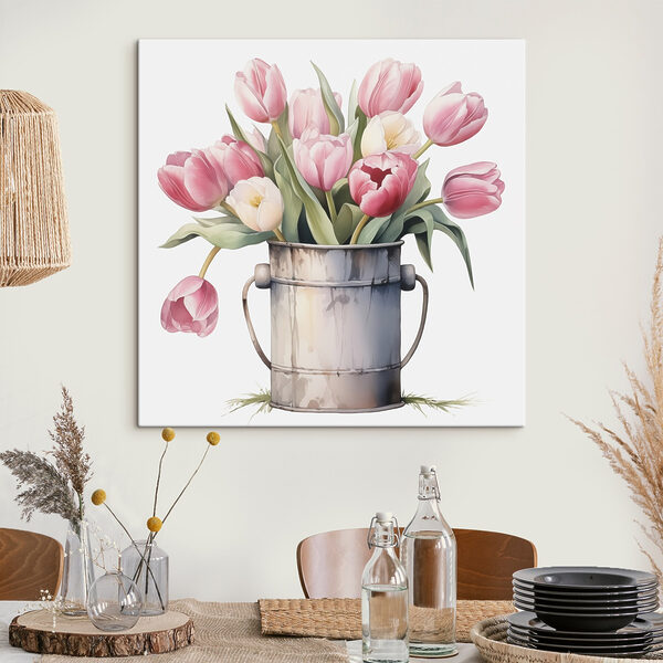 Peinture de tulipes roses dans un seau en métal Peinture de tulipes roses dans un seau en métal